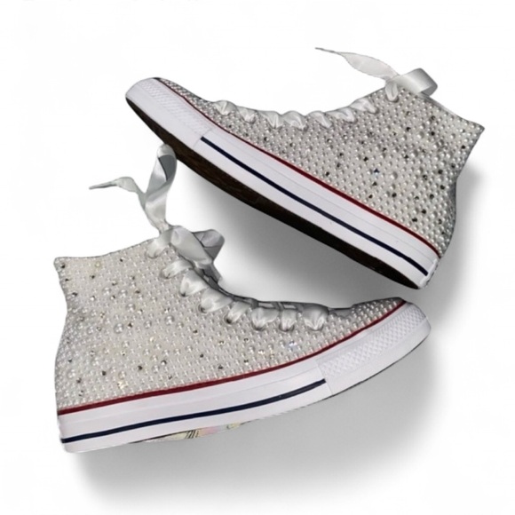 Crystal Diamonds & Pearls High Top Converse Sizes 5-14 New With Ribbon Laces - Picture 1 of 13